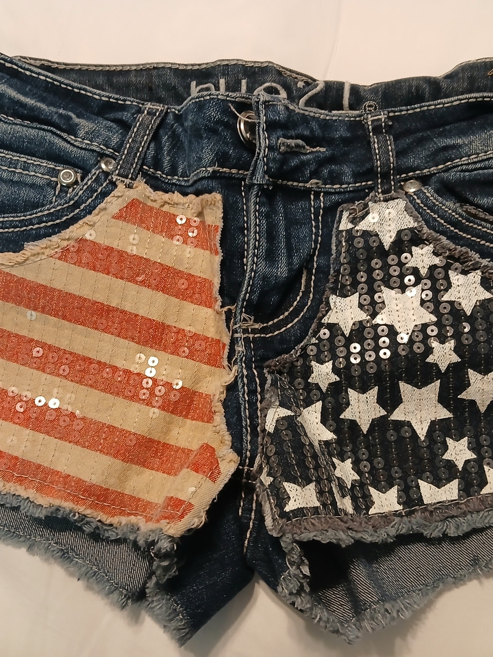 Rue21 Denim Jean Shorts with Red and Black Sequin Flag Patches